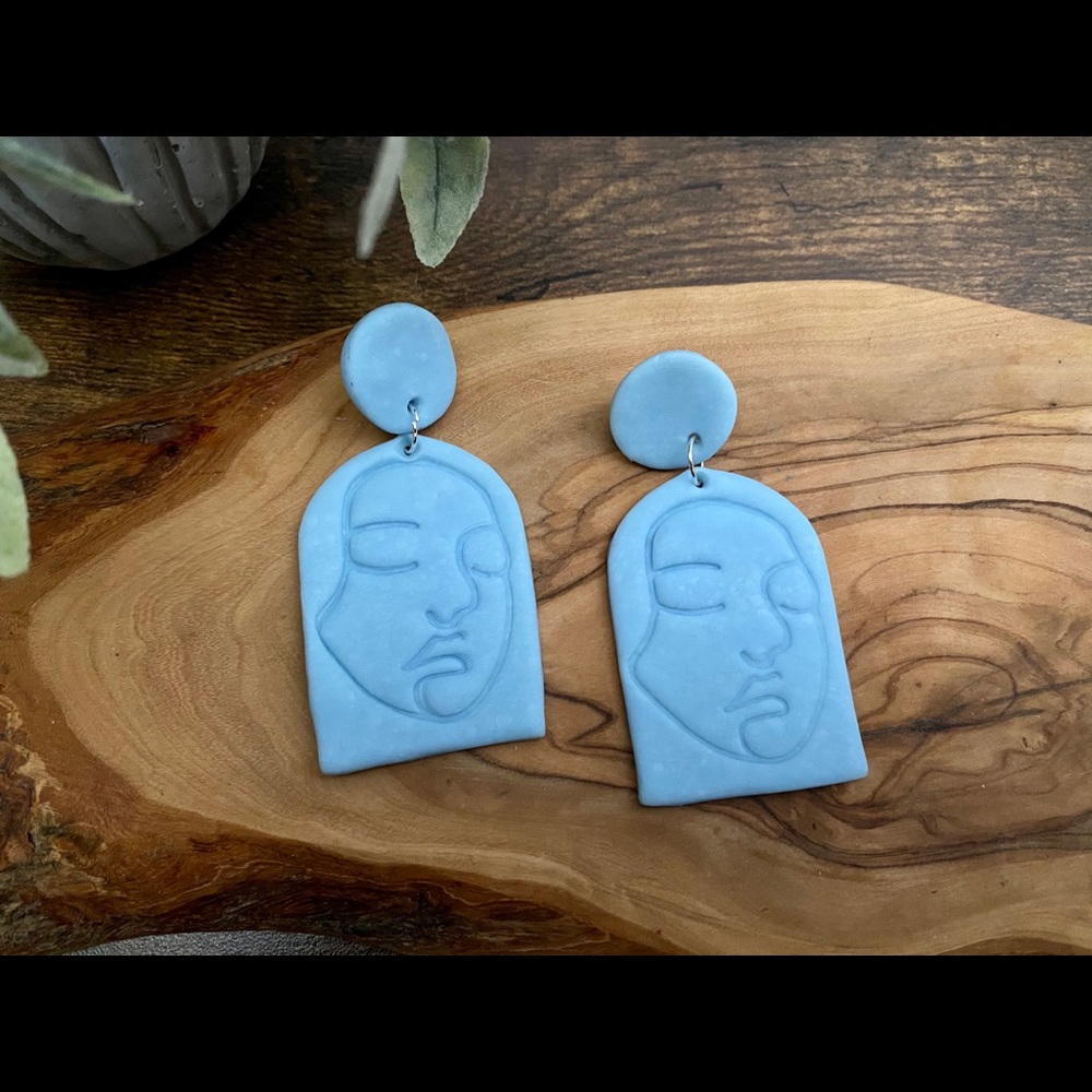 Handmade Abstract Woman’s Face Clay Earrings-Blue - Picture 3 of 11